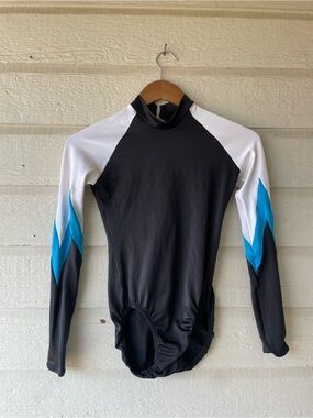 Vintage Alpha Factor Girls Black White Blue Long Sleeve Gymnastics Leotard